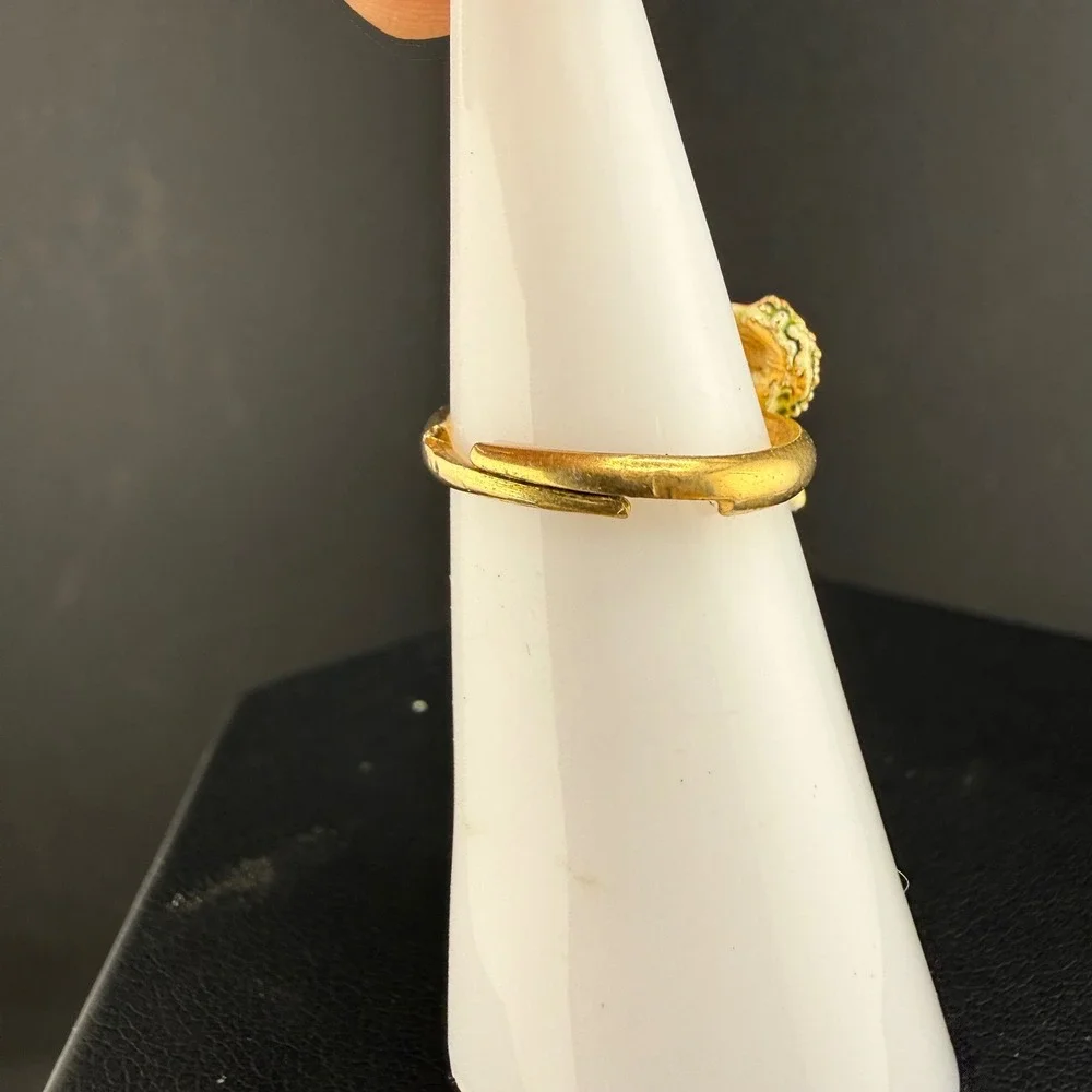 Vintage Enamel Floral Rosebud Ring Gold Tone Red Green Adjustable Size 4.5